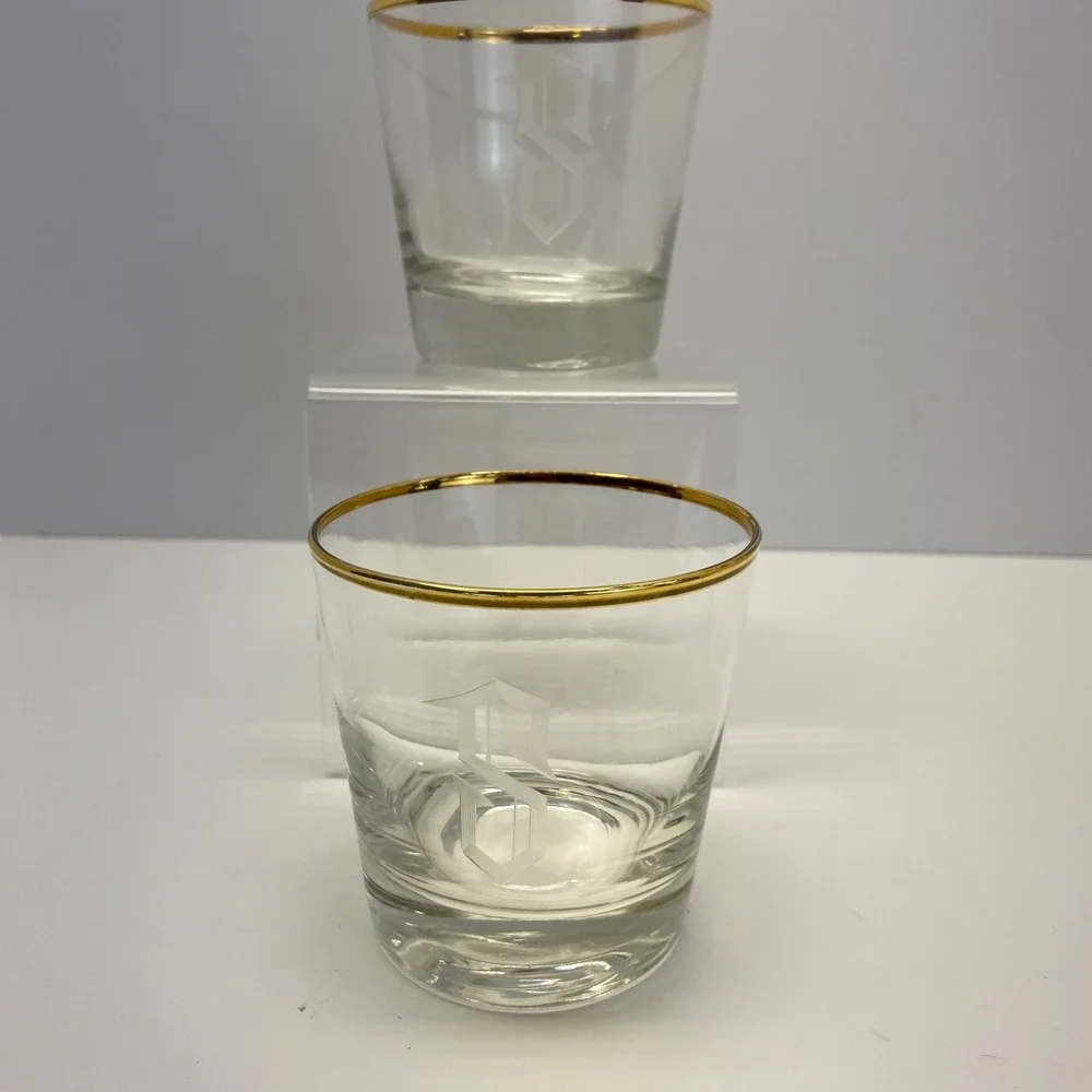 Set of 2 Etched Monogram S‎ Glasses Gold Rimmed Crystal Rocks Tumblers, Lowball